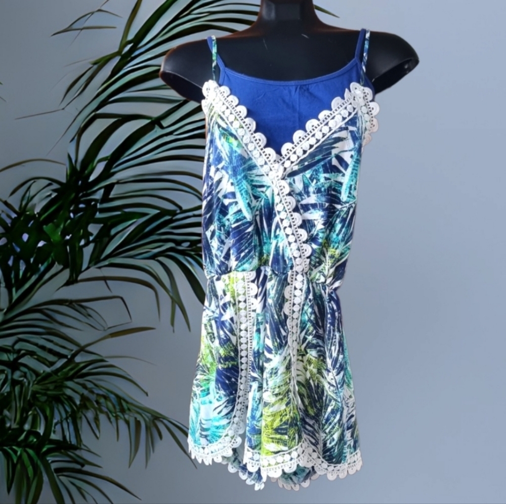 Papaya Tropical Blue and Green High Waist Romper with Lace Embroidered Trim